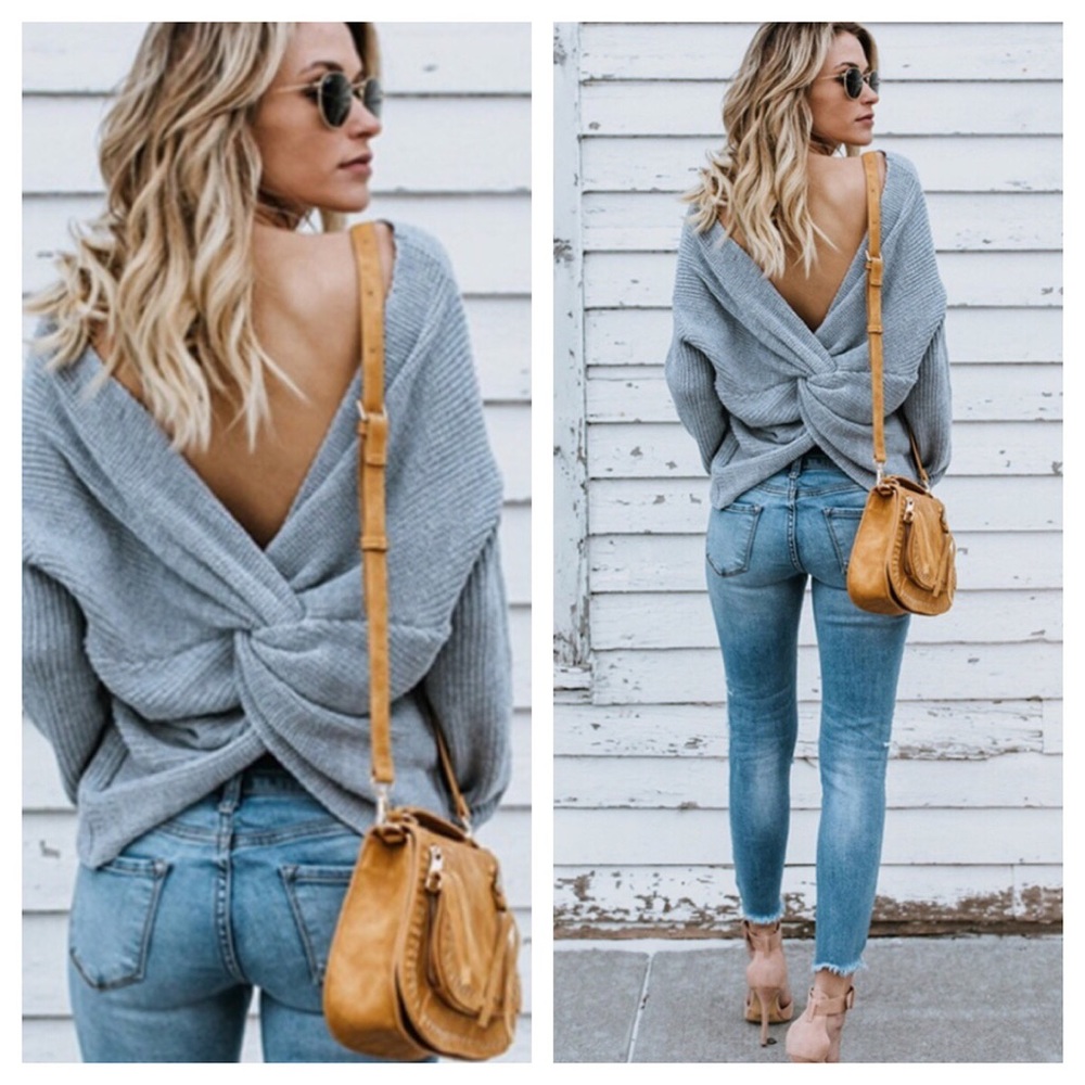 🖤New🖤Gray Twisted Knot V neck sweater - Picture 2 of 8